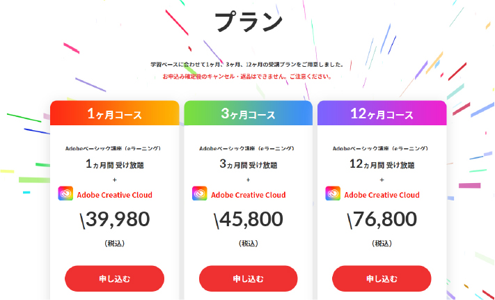 Adobeスクールにはプランが3つあり、それぞれ講義を視聴できる期間によって分けられています。