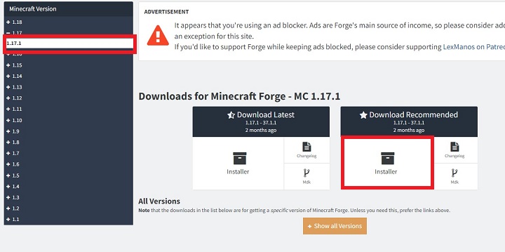 Minecraft Forgeトップ画面