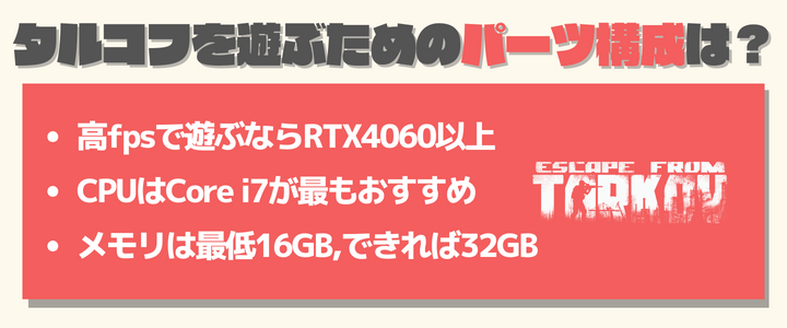 タルコフにおすすめなパーツごとのスペック