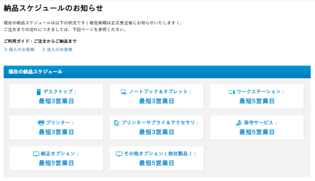 HPの納期スケジュール